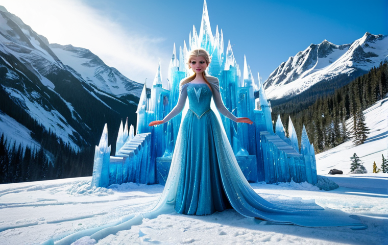 Elsa's Ice Palace Construction**

"Elsa, the Snow Queen, creating her magnificent ice palace in a snowy mountain landscape, fully clothed in her ice dress, crystals forming around her, dramatic lighting, safe for work, appropriate content, perfect anatomy, natural proportions, professional, family-friendly."

**