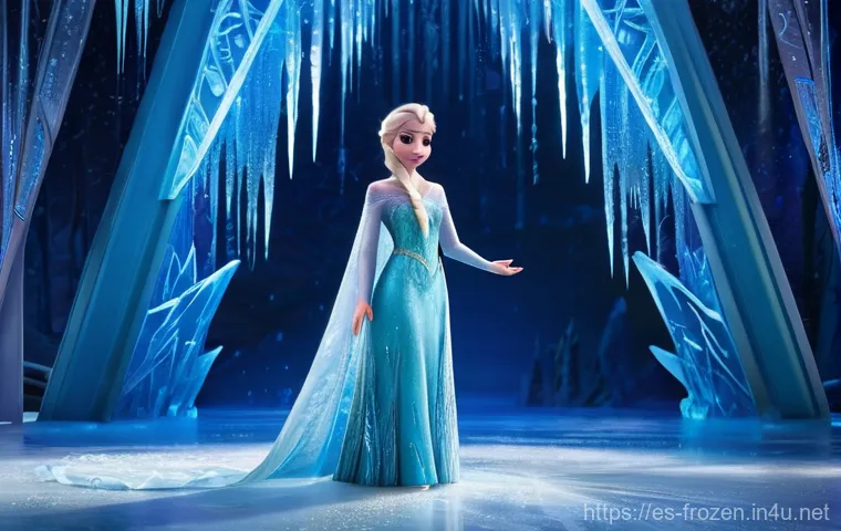 겨울왕국 속 상징적 이미지 분석 - **Elsa's Empowered Transformation in the Ice Palace**
    A full-body, cinematic portrait of Queen E...