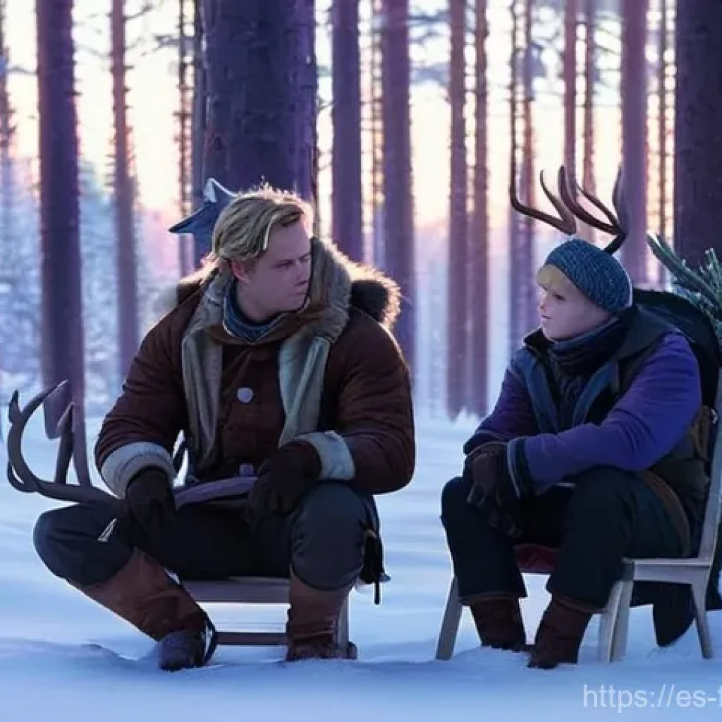 겨울왕국 속 스벤과 크리스토프의 우정 - **Prompt 1: "A candid moment between Kristoff and Sven amidst a snowy, twilight forest. Kristoff, bu...