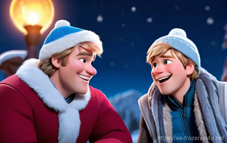 겨울왕국 속 스벤과 크리스토프의 우정 - **Prompt 1: "A candid moment between Kristoff and Sven amidst a snowy, twilight forest. Kristoff, bu...