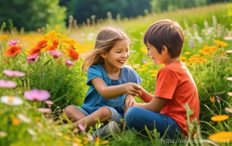겨울왕국 속 엘사의 왕좌 상징성 - A whimsical scene featuring a young boy and girl, both approximately 8-10 years old, happily playing...