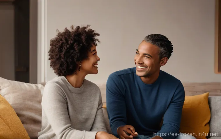 겨울왕국 속 캐릭터들의 갈등 해결 방식 - **Prompt:** A heartwarming scene depicting two diverse adults, dressed in comfortable, modest casual...