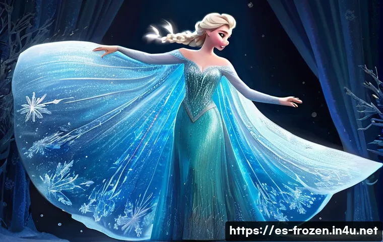 겨울왕국 속 엘사와 안나의 패션 변화 - **Elsa's "Let It Go" Ice Gown (Frozen I)**
    "A majestic, full-body shot of Elsa, the Snow Queen, ...