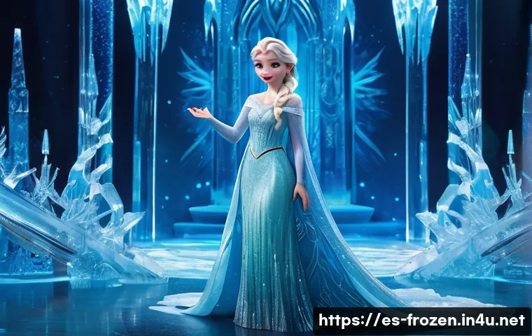 겨울왕국 속 마법과 현실의 경계 - **Prompt:** A majestic and powerful Queen Elsa, standing confidently at the heart of her ice palace....