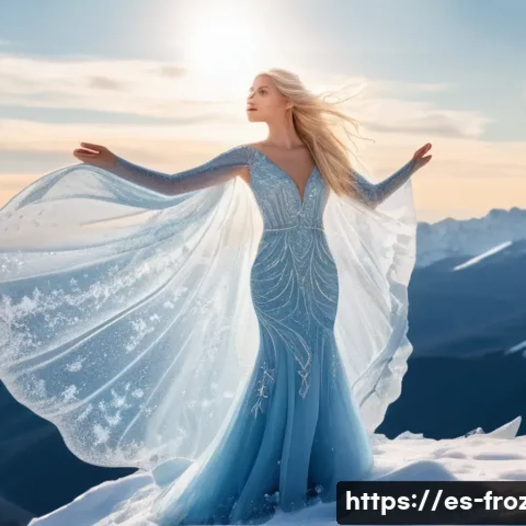 겨울왕국 속 악역과 대립구조 - A detailed scene of a young woman with long platinum blonde hair standing atop a snowy mountain peak...