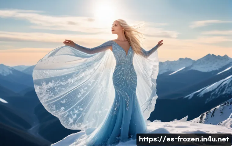 겨울왕국 속 악역과 대립구조 - A detailed scene of a young woman with long platinum blonde hair standing atop a snowy mountain peak...