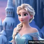 Home 18 겨울왕국 속 디즈니 애니메이션 역사 - A detailed digital animation scene inspired by Disney’s Frozen, showcasing a majestic icy landscape ...