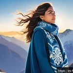 Home 23 겨울왕국 주제곡 렛잇고의 인기 이유 - A vibrant digital illustration of a confident young Latina woman standing on a snowy mountaintop, we...