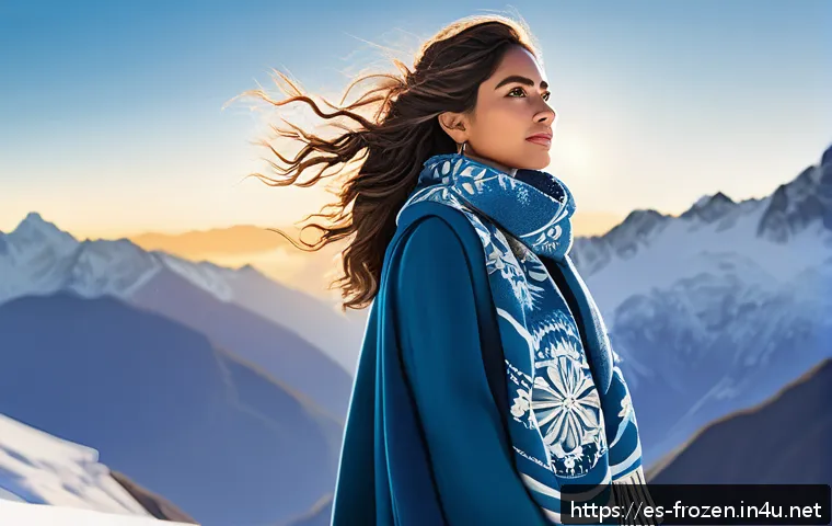 겨울왕국 주제곡 렛잇고의 인기 이유 - A vibrant digital illustration of a confident young Latina woman standing on a snowy mountaintop, we...