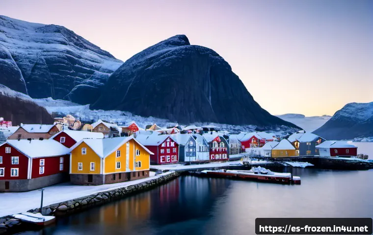 Home 17 겨울왕국 속 왕국 아렌델의 구조와 디자인 - Photorealistic panoramic view of an original Nordic-inspired fjord kingdom, elegant timber-and-stone...